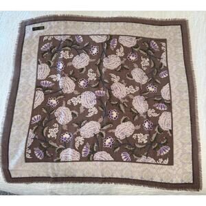 Charter Club 100% Wool Floral Print Square Scarf Fringe Edge Trim Brown